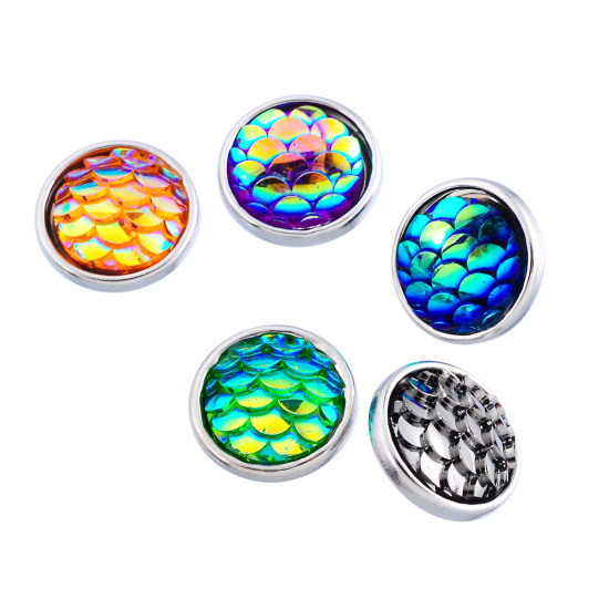 Picture of 12mm Acrylic Mermaid Fish /Dragon Scale Snap Buttons Round Silver Tone At Random Color Mixed Fit Snap Button Bracelets, Knob Size: 4.5mm( 1/8"), 10 PCs