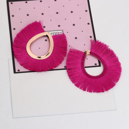 Pendentifs Franges en Polyester Goutte d'Eau Doré Fuchsia Env. 8.5cm x 8cm, 3 Pcs