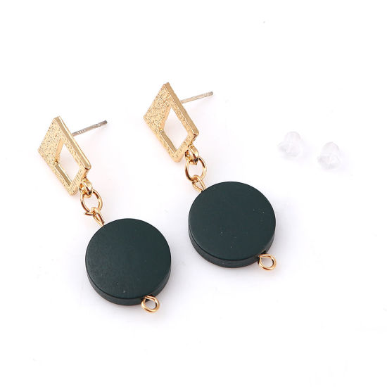 Imagen de Madera Pendientes Trapecio Chapado en Oro Verde Oscuro Ronda W/ Lazo 38mm x 15mm, Post/ Wire: (21 gauge), 2 Pares