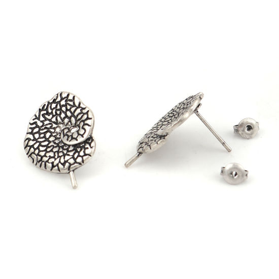 Immagine di Lega di Zinco Orecchini a Perno Tappi di Orecchini Foglia Argento Antico Spirale Disegno 22mm x 17mm, Diametro Filo: (21 misura), 4 Pz