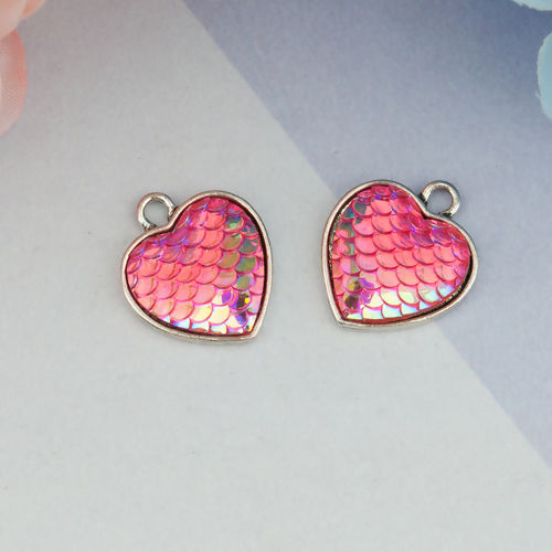 Picture of Zinc Based Alloy & Resin Mermaid Fish/ Dragon Scale Charms Heart Antique Silver Color Fuchsia AB Color 21mm( 7/8") x 18mm( 6/8"), 10 PCs