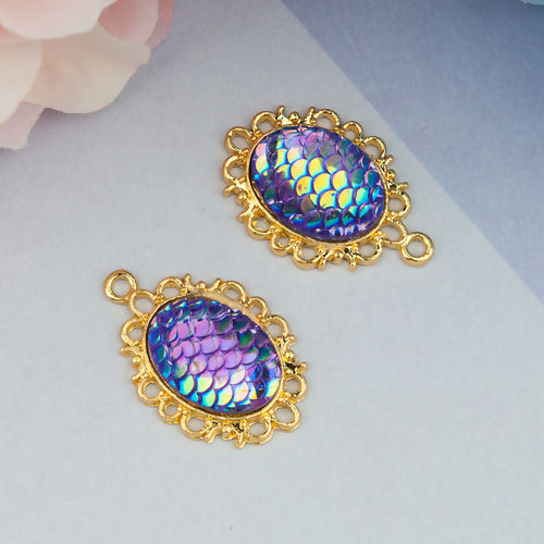 Picture of Zinc Based Alloy & Resin Mermaid Fish/ Dragon Scale Pendants Oval Gold Plated Purple AB Color 30mm(1 1/8") x 20mm( 6/8"), 10 PCs