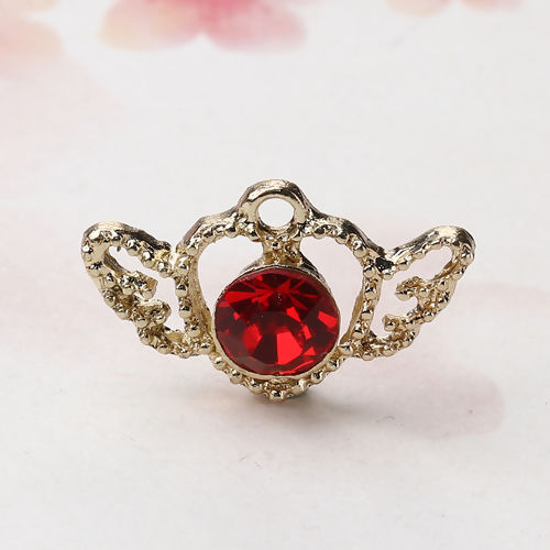 Picture of Zinc Based Alloy Style Of Royal Court Character Charms Heart Gold Plated Wing Red Rhinestone 23mm( 7/8") x 14mm( 4/8"), 5 PCs