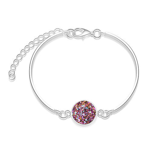 Picture of Resin Druzy/ Drusy Bracelets Silver Plated Fuchsia Round AB Color 17cm(6 6/8") long, 1 Piece