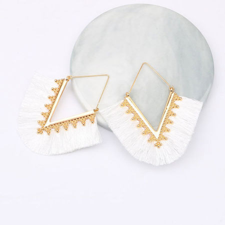 Hoop Earrings Gold Plated White V-shaped Tassel 7cm x 6.3cm, 1 Pair