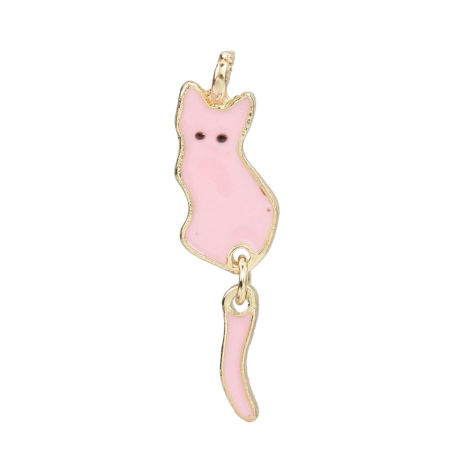 Bild von Zinklegierung Anhänger Katze KC Vergoldet Hellrosa Emaille 32mm x 9mm, 10 Stück