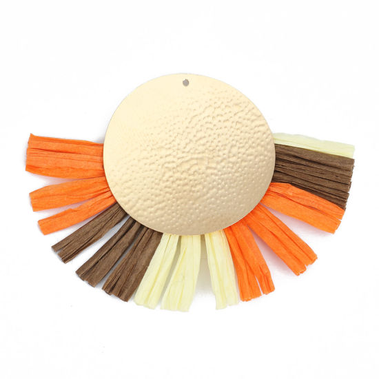 Picture of Raffia Tassel Pendants Round Gold Plated Multicolor Tassel 7.3cm x 5.7cm - 7.1cm x 5.6cm, 3 PCs