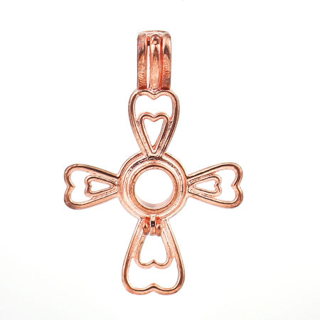 Copper Wish Pearl Locket Jewelry Pendants Cross Heart Rose Gold Can Open (Fit Bead Size: 6mm) 36mm(1 3/8") x 25mm(1"), 2 PCs
