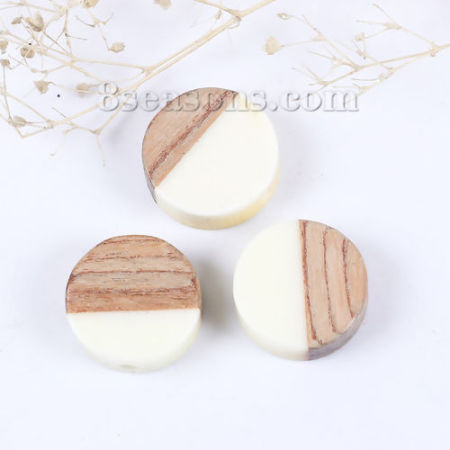 Wood Effect Resin Spacer Beads Flat Round Off-white & Coffee About 15mm Dia, Hole: Approx 2mm, 2 PCs