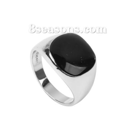 Signet Unadjustable Men Rings Silver Tone Black Enamel Square 19.1mm( 6/8")(US Size 9), 1 Piece