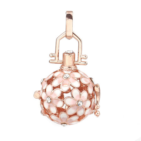 Picture of Copper Pendants Mexican Angel Caller Bola Harmony Ball Wish Box Locket Flower Rose Gold Pink Enamel Clear Rhinestone Can Open (Fits 14mm Beads) 42mm(1 5/8") x 25mm(1"), 1 Piece