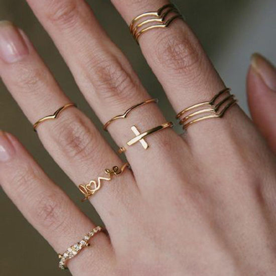 Picture of Rings Gold Plated " Love " Cross 16mm( 5/8")(US size 5.25), 1 Set ( 11 PCs/Set)