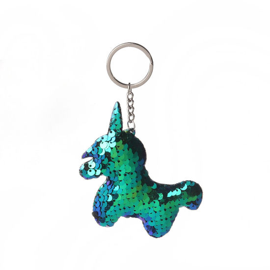 Picture of PVC Paillette Sequin Keychain & Keyring Horse Animal Silver Tone Blue 13cm, 2 PCs