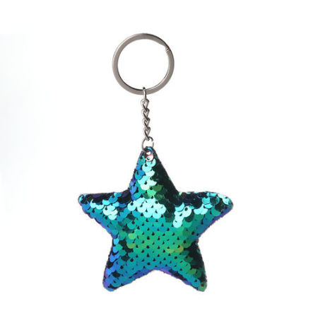 PVC Paillette Sequin Keychain & Keyring Pentagram Star Silver Tone Blue 13.5cm, 2 PCs