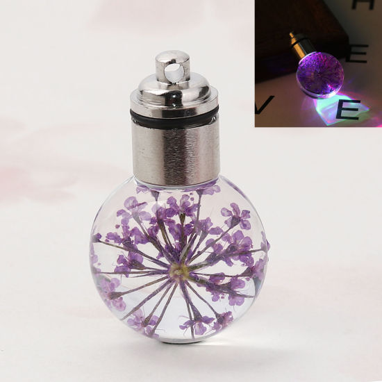 Immagine di Vetro & Fiore Reale Secchi Ciondoli Palla Colore Viola Trasparente LED Light Up 33mm x 20mm, 2 Pz