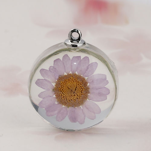 Immagine di Vetro & Fiore Reale Secchi Ciondoli Tondo Camelia Viola Chiaro Trasparente 35mm x 30mm, 2 Pz