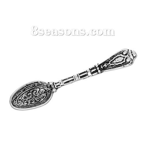 Picture of Zinc Based Alloy 3D Pendants Spoon Tableware Antique Silver Color Pattern Carved 43mm(1 6/8") x 10mm( 3/8"), 50 PCs