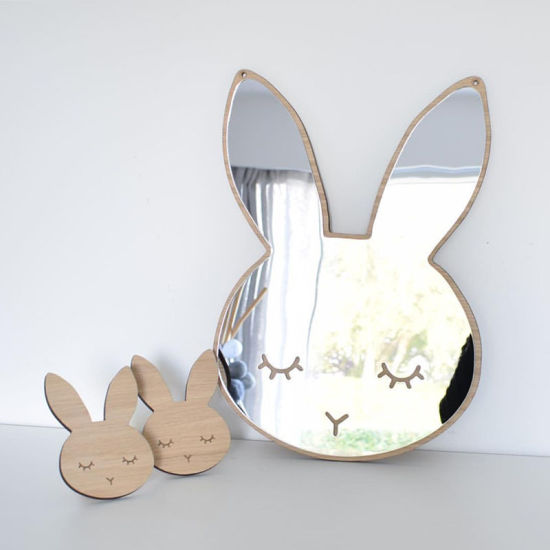 Image de Bois de Pin Miroir Lapin Couleur Naturelle 38cm x 25cm, 1 Pièce