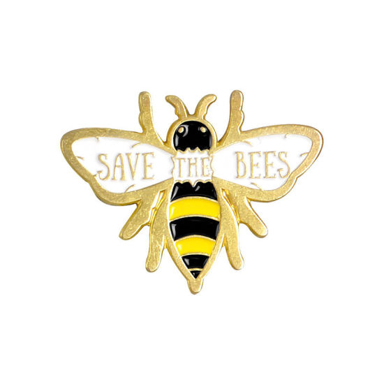 Imagen de Pin Broches Abejas Chapado en Oro Negro & Amarillo Esmalte 30mm x 25mm, 1 Unidad