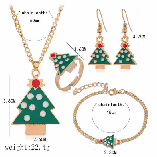 Picture of Jewelry Set Gold Plated Red & Green Christmas Tree Enamel 60cm(23 5/8") long - 3.3cm(1 2/8") long, 1 Set ( 4 PCs/Set)