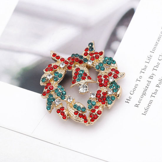 Image de Broche Epingle Cœur Cloche de Noël Doré à Strass Coloré 4.3cm x 3.9cm, 1 Pièce