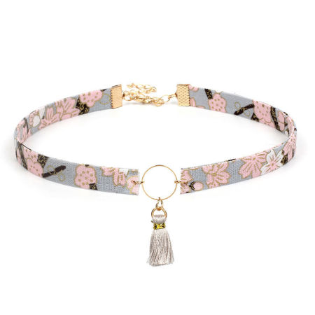 Fabric Japanese Style Choker Necklace Gray Sakura Flower Tassel 30cm(11 6/8") long, 1 Piece