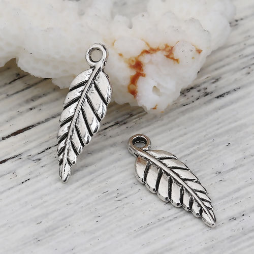 Picture of Zinc Based Alloy Charms Leaf Antique Silver Color 19mm( 6/8") x 7mm( 2/8"), 300 PCs