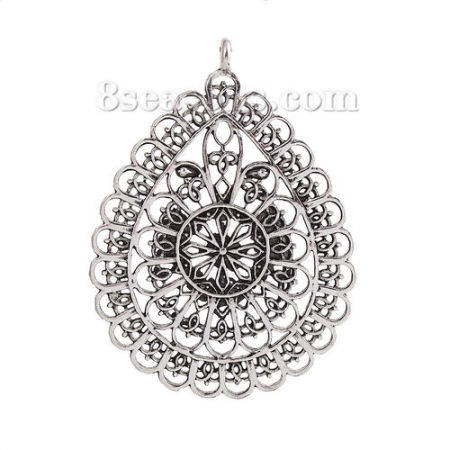 Zamak Bohemia Colgantes Gota Plata Antigua Filigrana 59mm x 43mm, 3 Unidades