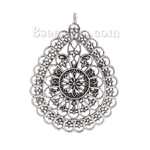 Imagen de Zamak Bohemia Colgantes Gota Plata Antigua Filigrana 59mm x 43mm, 3 Unidades
