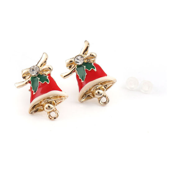亜鉛合金 イヤリング イヤリングパーツ クリスマス・ジャラジャラベル 金メッキ レッド + 緑 エナメル ループ付き 21mm x 13mm、 ワイヤーサイズ: （21号）、 10 個 の画像
