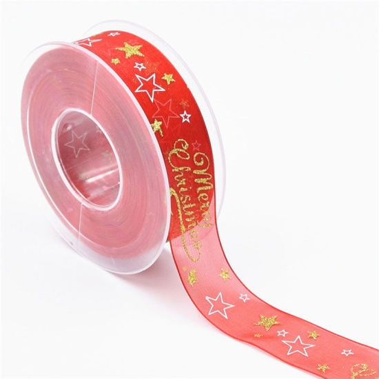 Picture of Red gilt dusted snow yarn ribbon Christmas 20 m / plastic roll