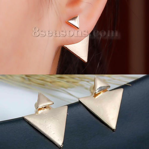 Picture of Ear Jacket Stud Earrings Triangle 18K Gold Plated W/ Stoppers 21mm x18mm( 7/8" x 6/8") 7mm x6mm( 2/8" x 2/8"), Post/ Wire Size: (21 gauge), 1 Pair