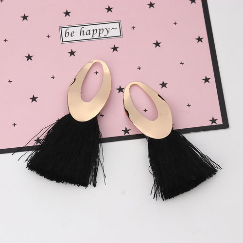 Picture of Polyester Tassel Pendants Oval Gold Plated Black About 7.1cm x5cm(2 6/8" x2") - 6.8cm x4cm(2 5/8" x1 5/8"), 5 PCs
