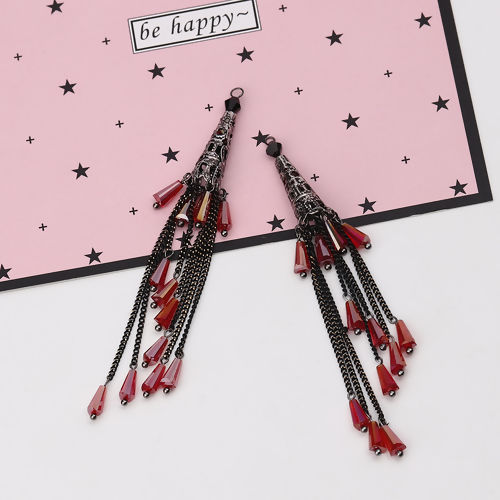 Image de Pendentifs Franges en Cuivre+Verre Cône Argent Vieilli Vin Rouge Couleur AB Env. 9.8cm x 1cm - 9.5cm x 0.8cm, 1 Pièce