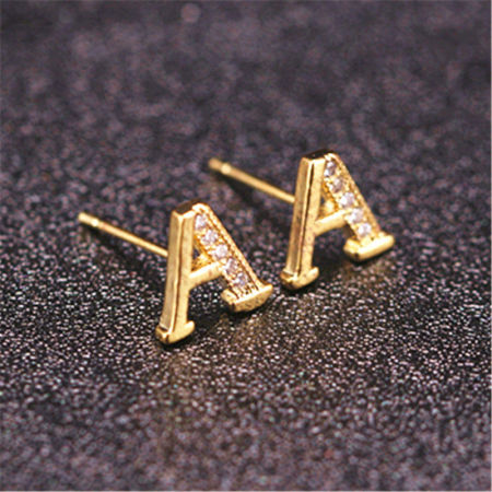 Brass Ear Post Stud Earrings Gold Plated Capital Alphabet/ Letter Message " A " Clear Cubic Zirconia 10mm x 8mm, 1 Pair