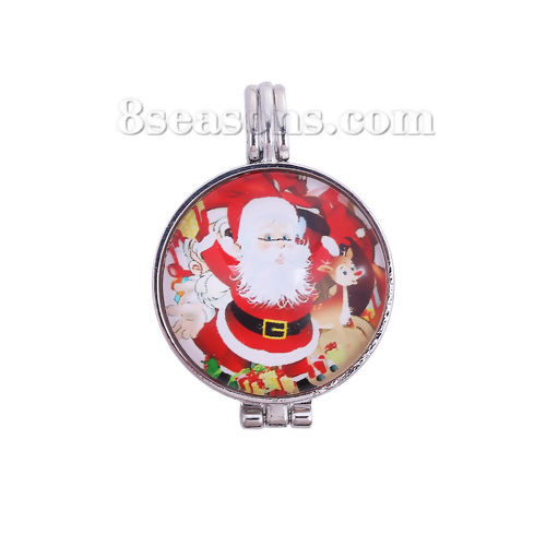 Picture of Zinc Based Alloy & Glass Aromatherapy Essential Oil Diffuser Locket Pendants Round Silver Tone Red Christmas Santa Claus Cabochon Settings (Fits 23mm Dia.) Can Open 38mm(1 4/8") x 27mm(1 1/8"), 1 Piece