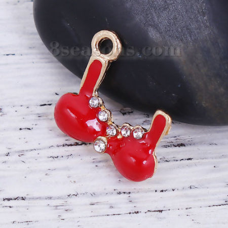 Zinc Based Alloy Charms Gold Plated Red Bra Clear Rhinestone Enamel 18mm( 6/8") x 16mm( 5/8"), 10 PCs