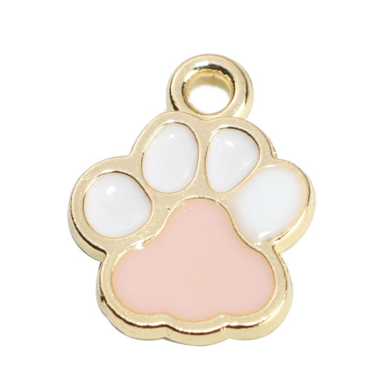 Immagine di Memoriale dell'animale Charms Zampa Oro Placcato Bianco & Rosa Smalto 15mm x 12mm , 10 Pz