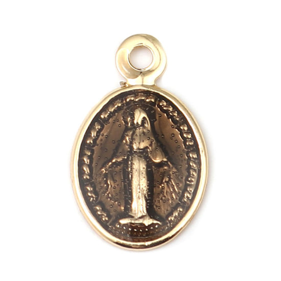 Picture of Brass Charms Oval Gold Plated Coffee Jesus Enamel 13mm x 8mm, 10 PCs