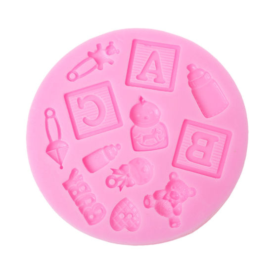Picture of Food Grade Silicone Fondant Cake Sugarcraft Clay Mold Round Pink Baby Shower Decoration 9.5cm(3 6/8") Dia, 1 Piece