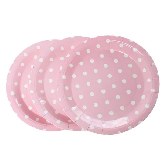 Picture of Paper Tableware Plates Party Food Round Pink & White Dot Pattern 23cm(9") Dia, 12 PCs