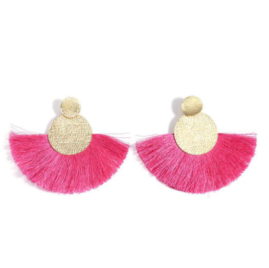 Picture of Polyester Tassel Earrings Gold Plated Fuchsia Fan-shaped Round 1 Pair