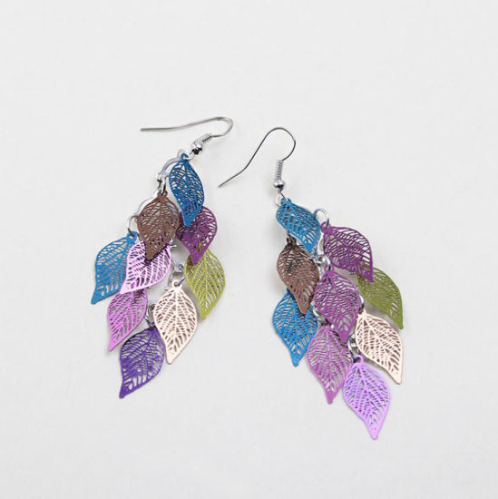 Picture of Copper Filigree Stamping Earrings Leaf Hollow Silver Tone & Gold Plated 80mm(3 1/8"), Post/ Wire Size: (21 gauge), 1 Pair