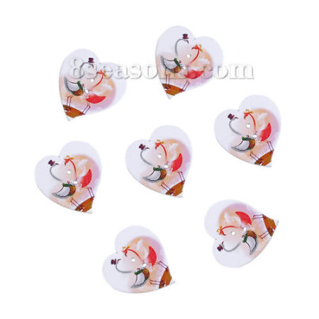 Natural Wood Sewing Buttons Scrapbooking 2 Holes Heart Multicolor Bird Pattern 29mm(1 1/8") x 28mm(1 1/8"), 50 PCs