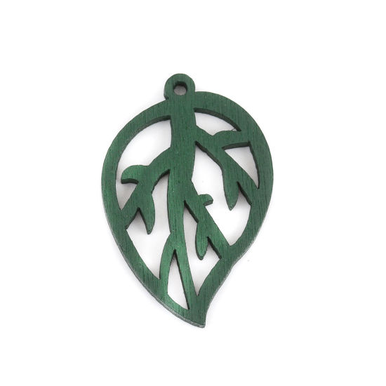 Image de Pendentifs en Bois Naturel Feuille Vert Foncé Creux 34mm x 23mm, 20 Pcs