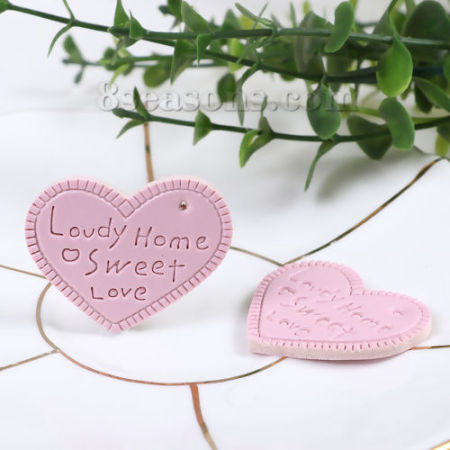 Faux Leather Pendants Heart Pink Message " Loudy Home Sweet Love " 38mm(1 4/8") x 30mm(1 1/8"), 10 PCs