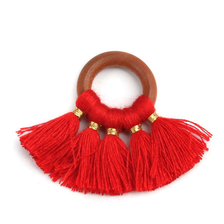 Pendentifs Franges en Bois Naturel & Polyester Eventail Rouge 5cm x 3.5cm, 5 Pcs