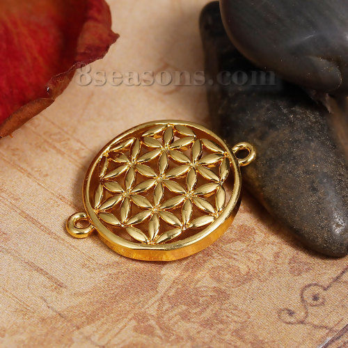 Picture of Brass Flower Of Life Connectors Findings Round Pattern Hollow Carved                                                                                                                                                                                          