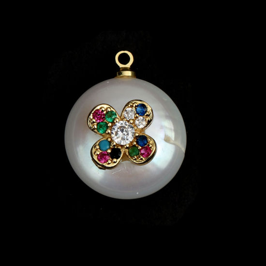 Picture of Pearl & Copper Charms Round Gold Plated White Flower Multicolor Rhinestone Micro Pave 19mm x 15mm, 1 Piece