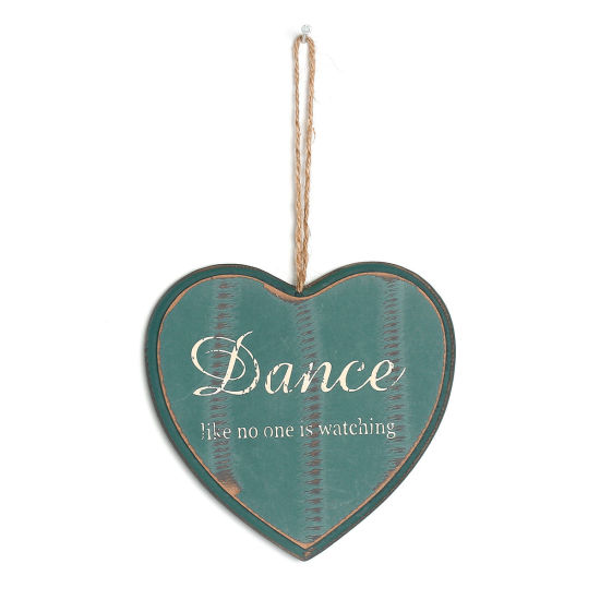 Picture of Natural Wood Wall Home Hanging Decoration Heart Dark Green Message Pattern 12.7cm x12.1cm(5" x4 6/8"), 1 Piece